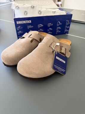 Birkenstock Taupe Suede Boston Clogs narrow fit